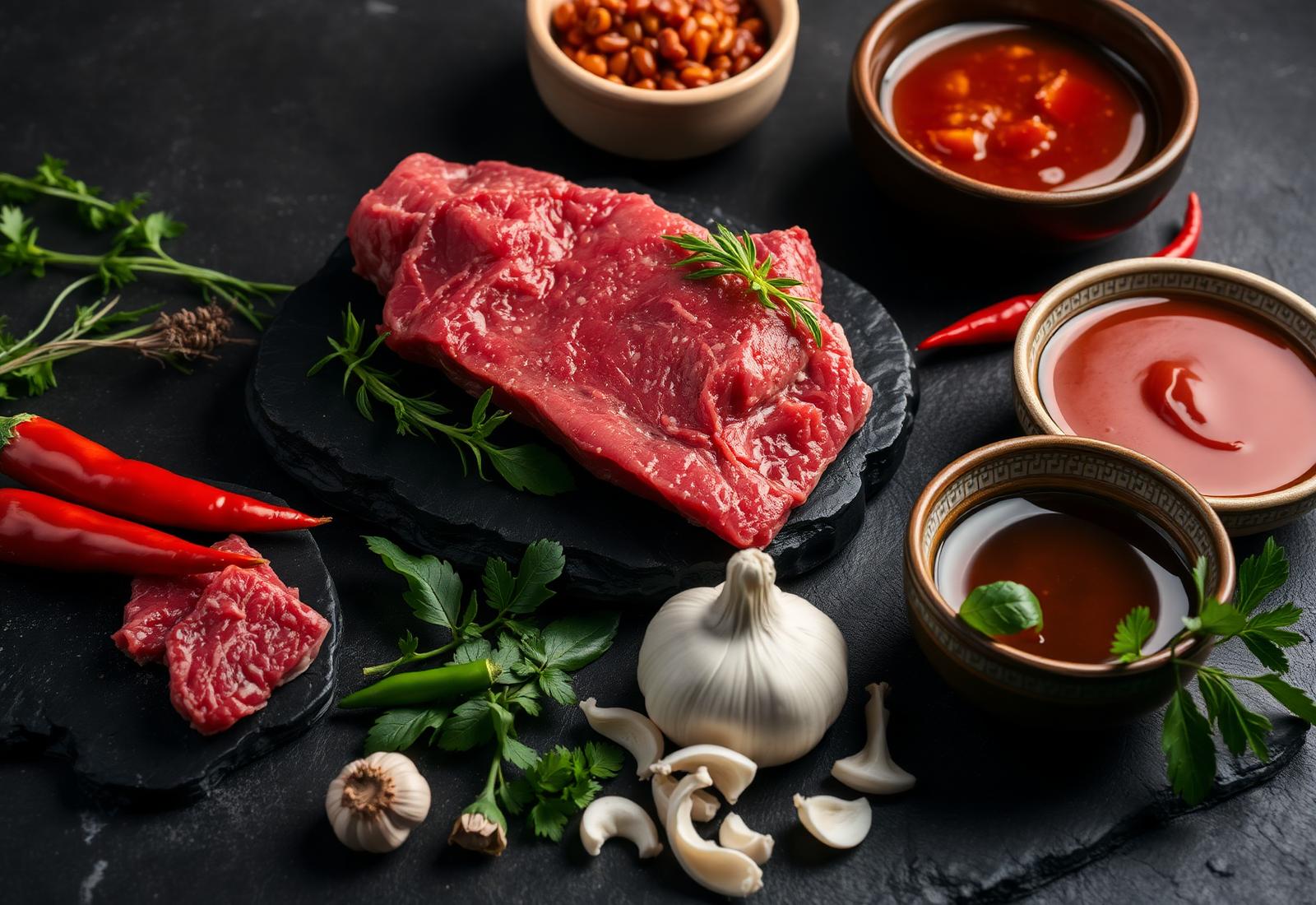 Fresh beef, chillies, herbs and house sauces on dark stone